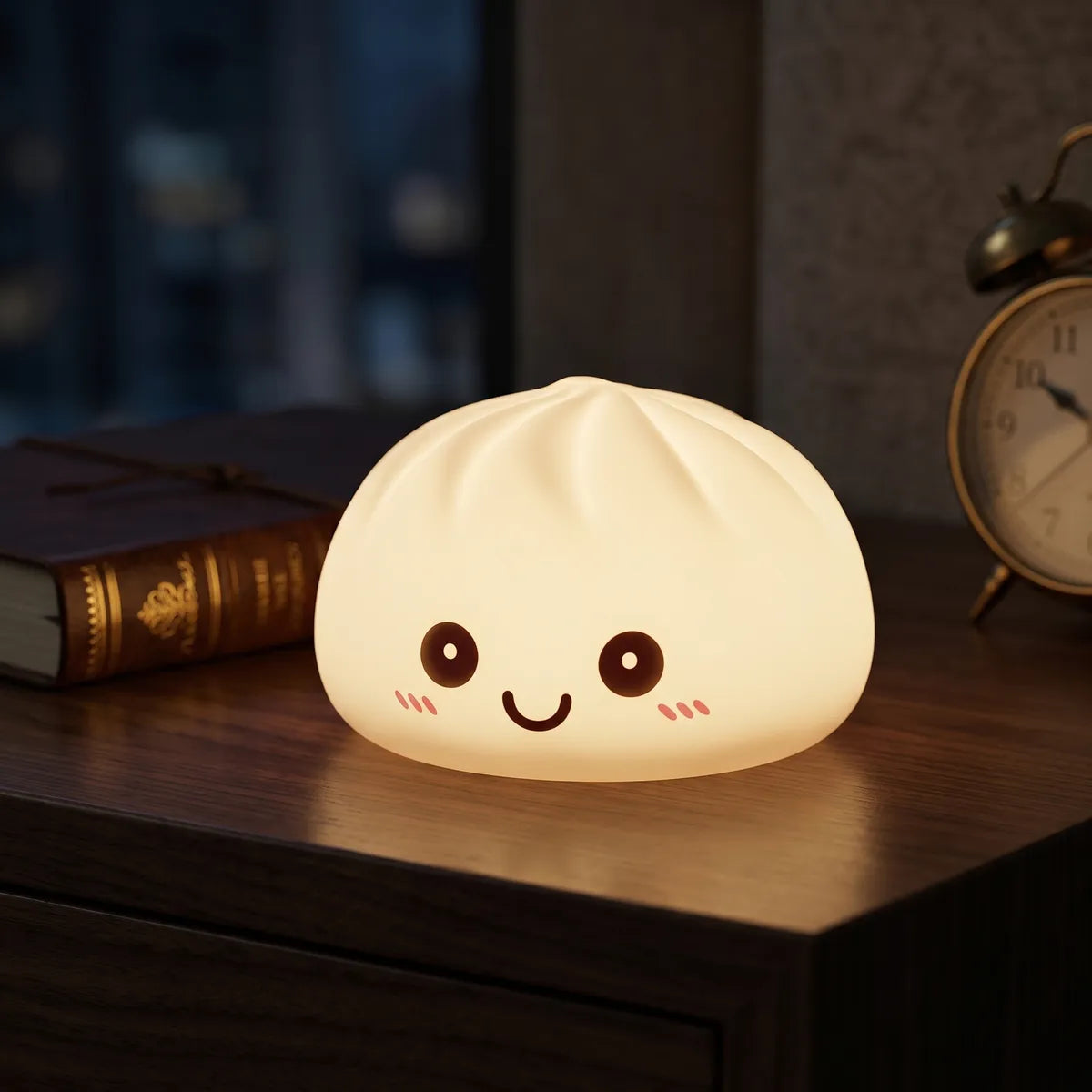 Purple squishy dumpling light displayed with bamboo steamer