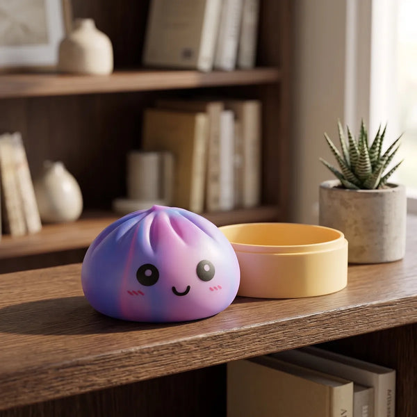 Purple tie dye dumpling squishy styled on a shelf in a pastel lifestyle scene