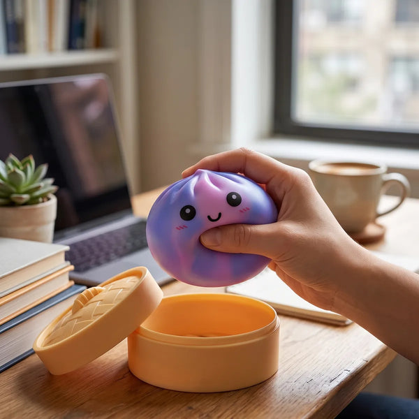 Person using the purple tie dye dumpling squishy as a quiet classroom fidget