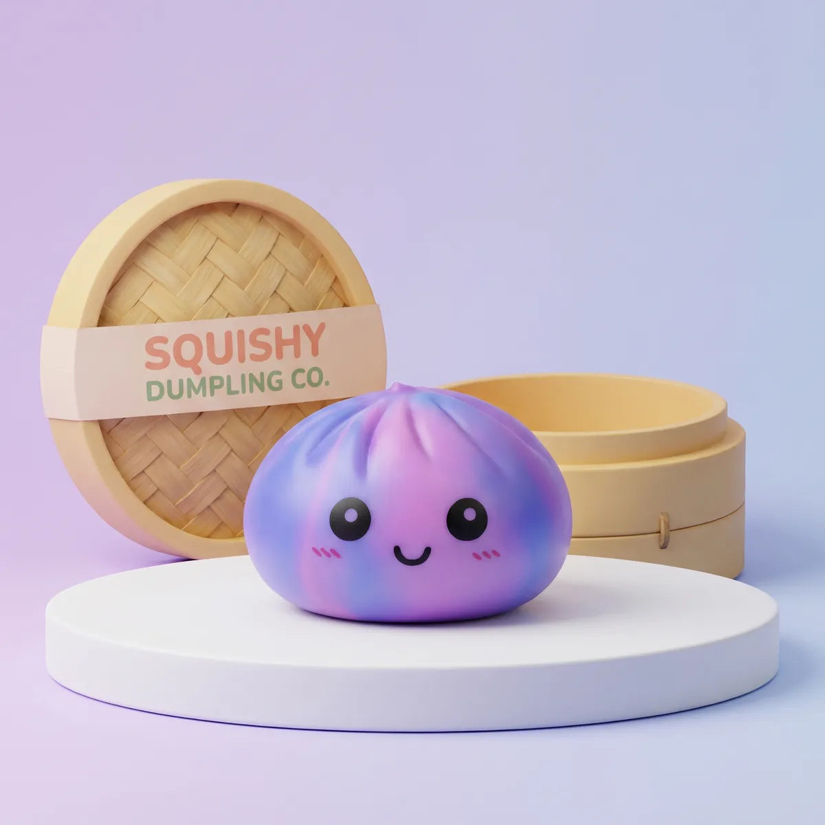 Purple tie dye dumpling squishy with a lilac violet and blue pastel swirl beside a mini bamboo steamer Main image