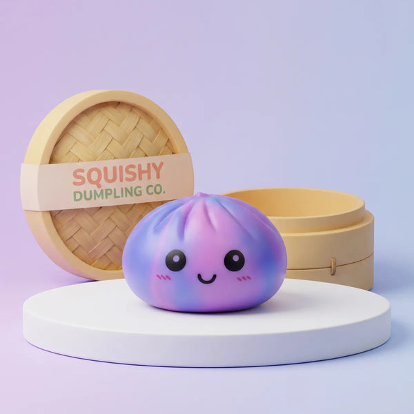 Purple tie dye dumpling squishy with a lilac violet and blue pastel swirl beside a mini bamboo steamer