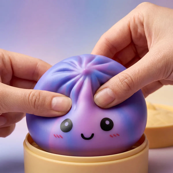Close up squeeze showing the pastel marbling and soft skin of the purple tie dye dumpling squishy