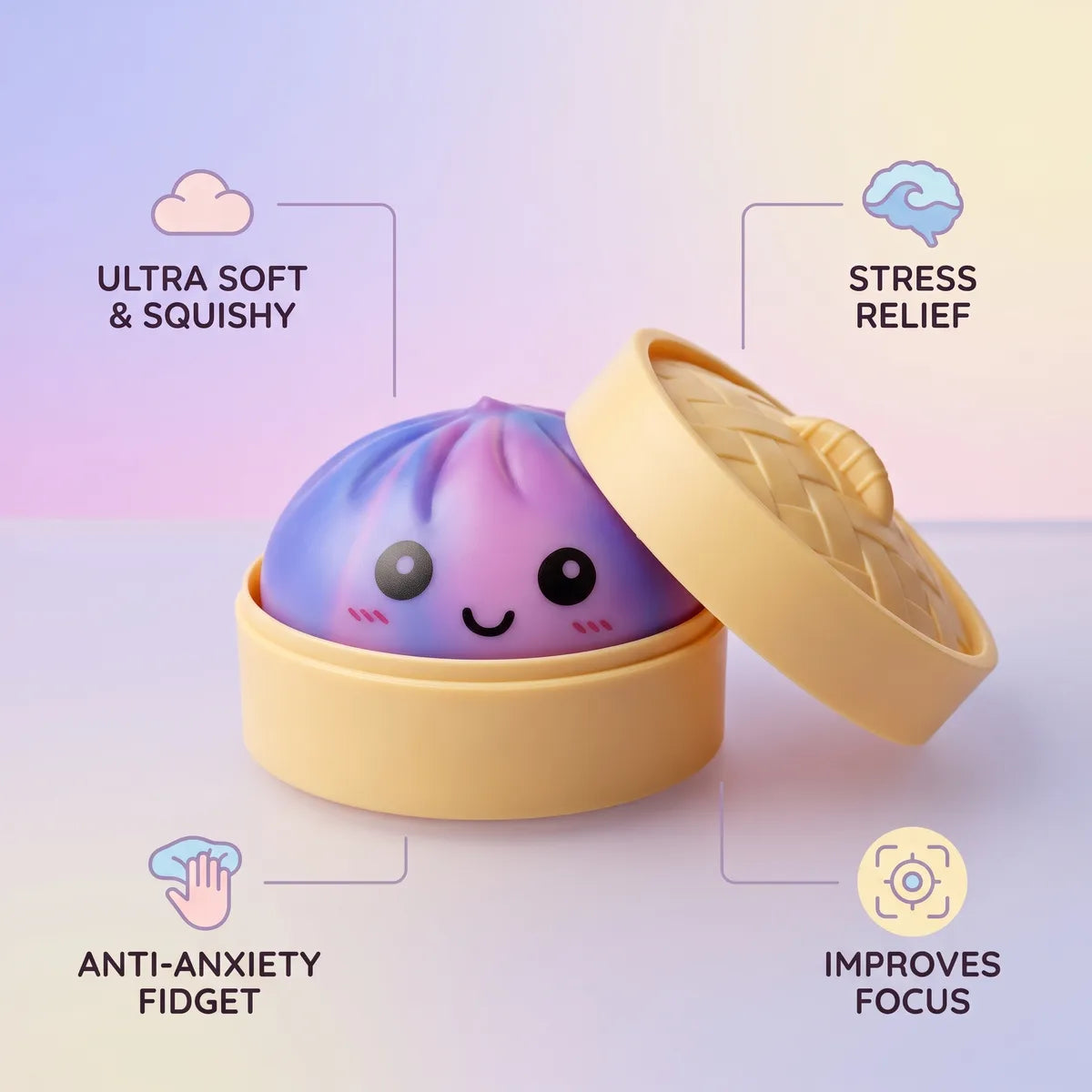 Purple tie dye dumpling squishy with anti anxiety stress relief and focus benefit icons