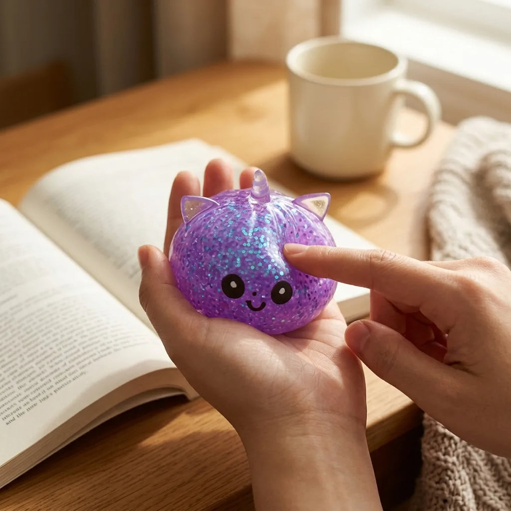 Person squeezing the purple unicorn glitter dumpling squishy as a fidget toy