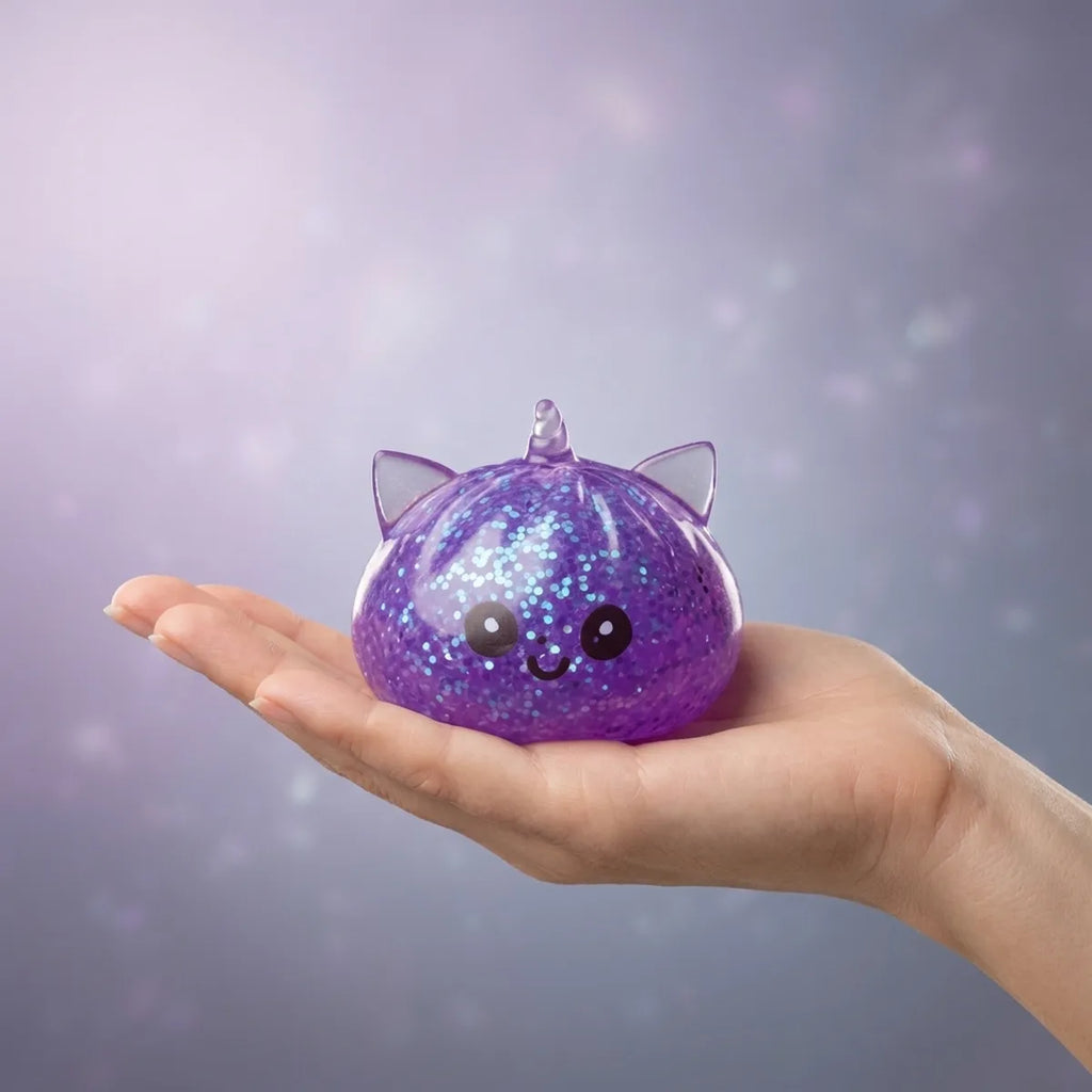 Hand holding the 5.5 cm purple unicorn glitter dumpling squishy to show its size