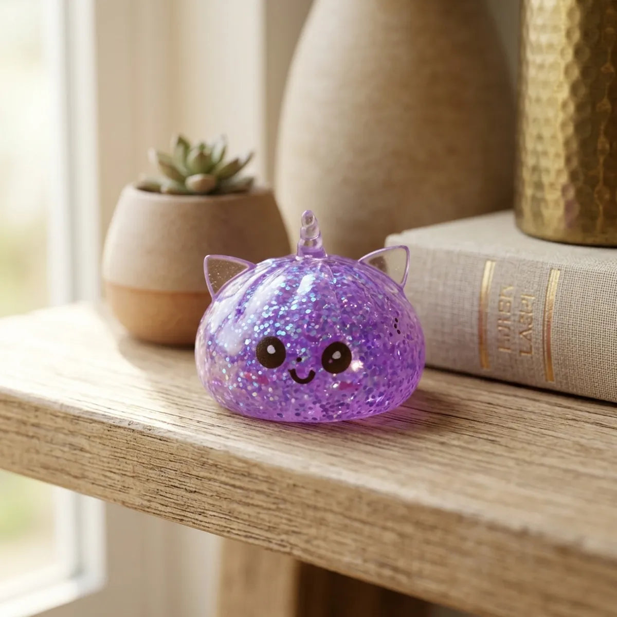 Purple unicorn glitter dumpling squishy resting on a violet glitter surface