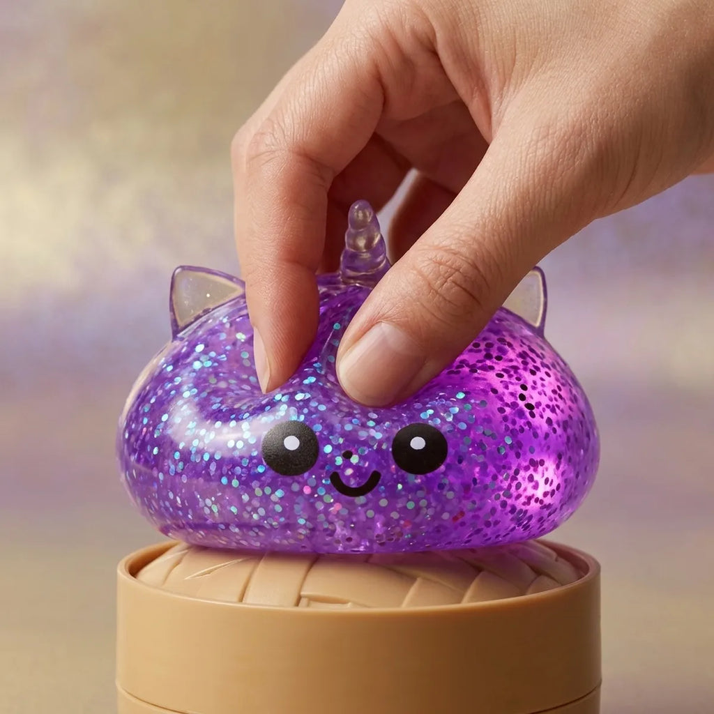 Close up squeeze of the purple unicorn glitter dumpling squishy showing its two tone glitter