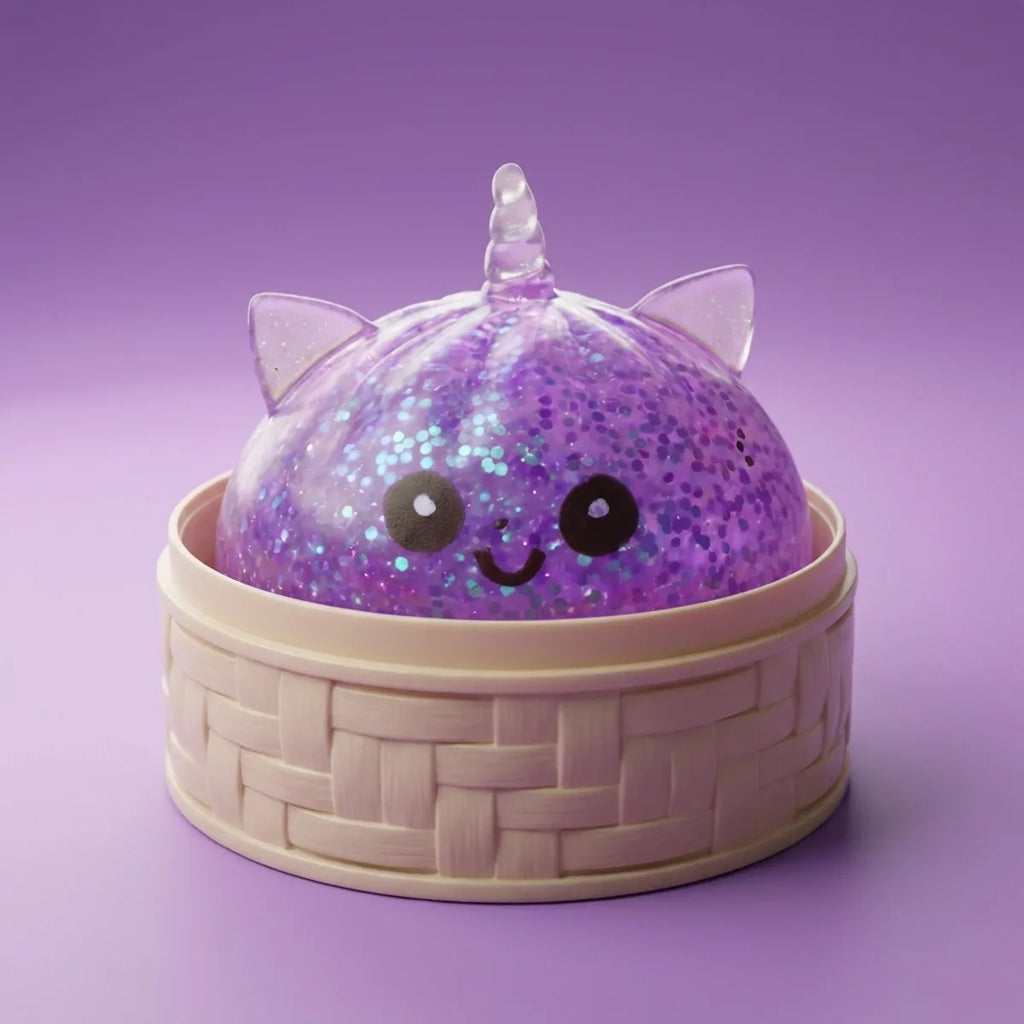 Purple unicorn glitter dumpling squishy resting in its bamboo steamer box