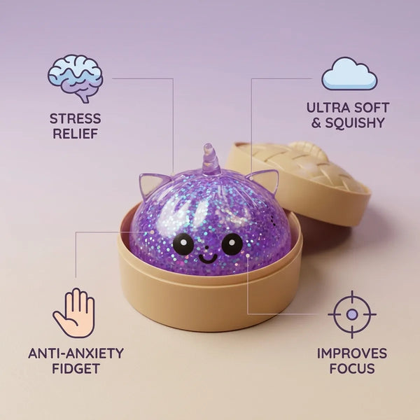 Infographic listing the stress relief benefits of the purple unicorn glitter dumpling squishy