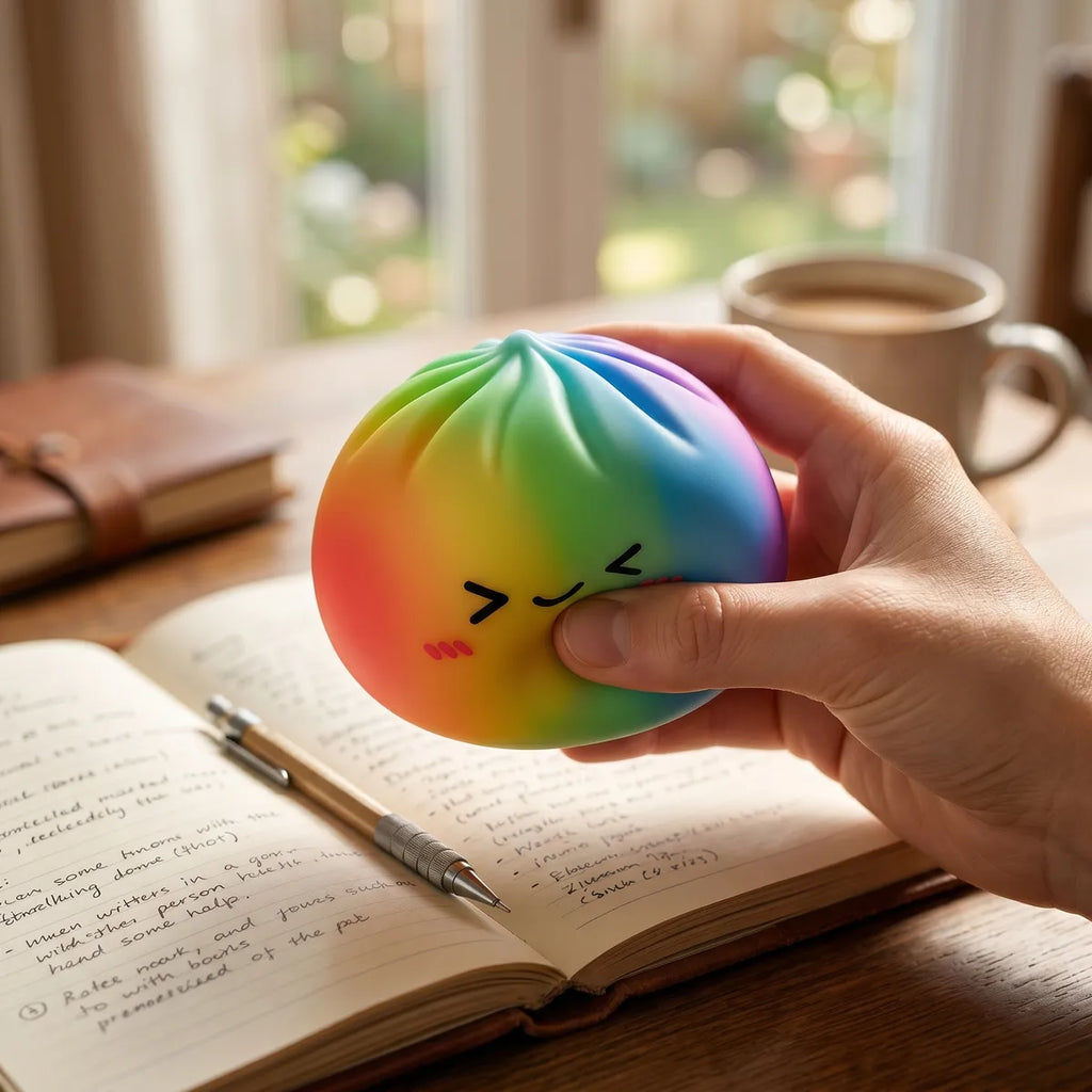 Rainbow color dumpling squishy styled as cute desk decor