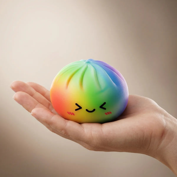 Rainbow color dumpling squishy held in hand lifestyle shot