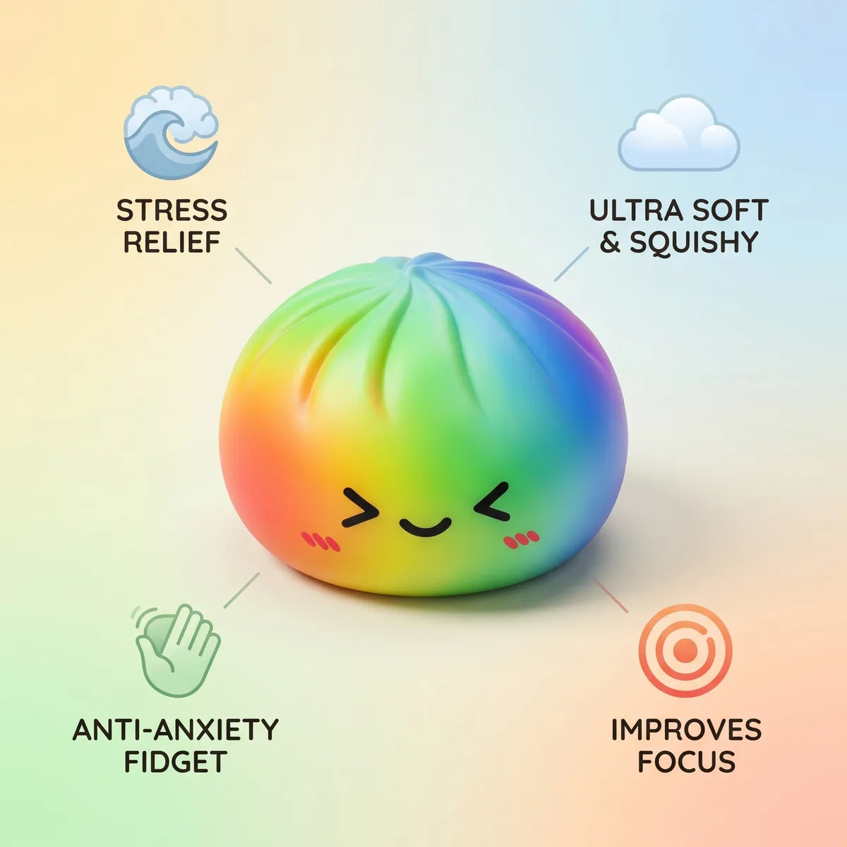 Rainbow color dumpling squishy in a colorful lifestyle display