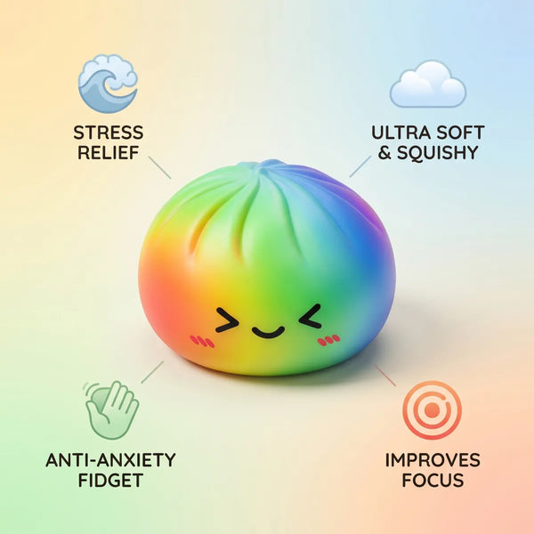 Rainbow color dumpling squishy in a colorful lifestyle display
