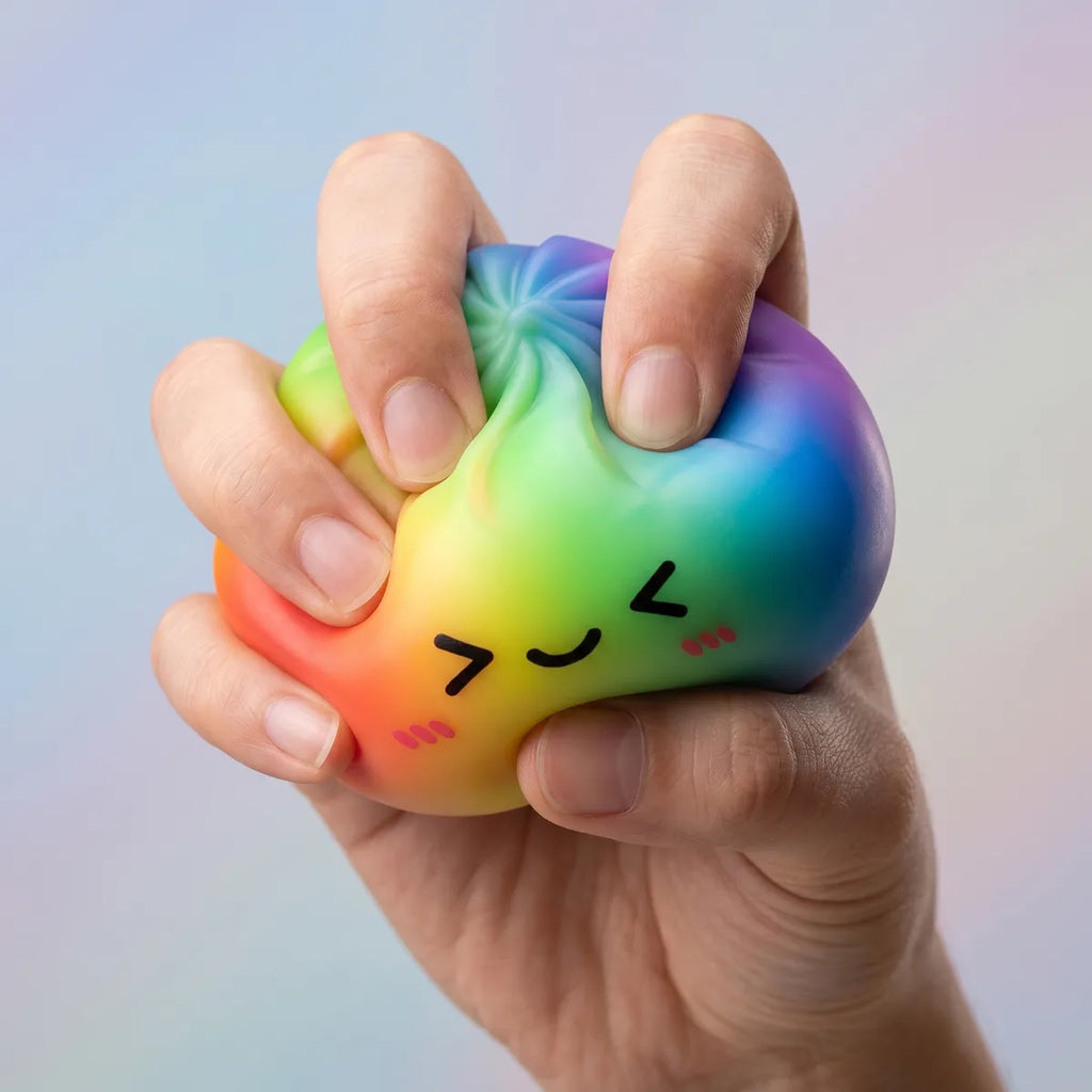 Rainbow color dumpling squishy being squeezed showing slow rising foam