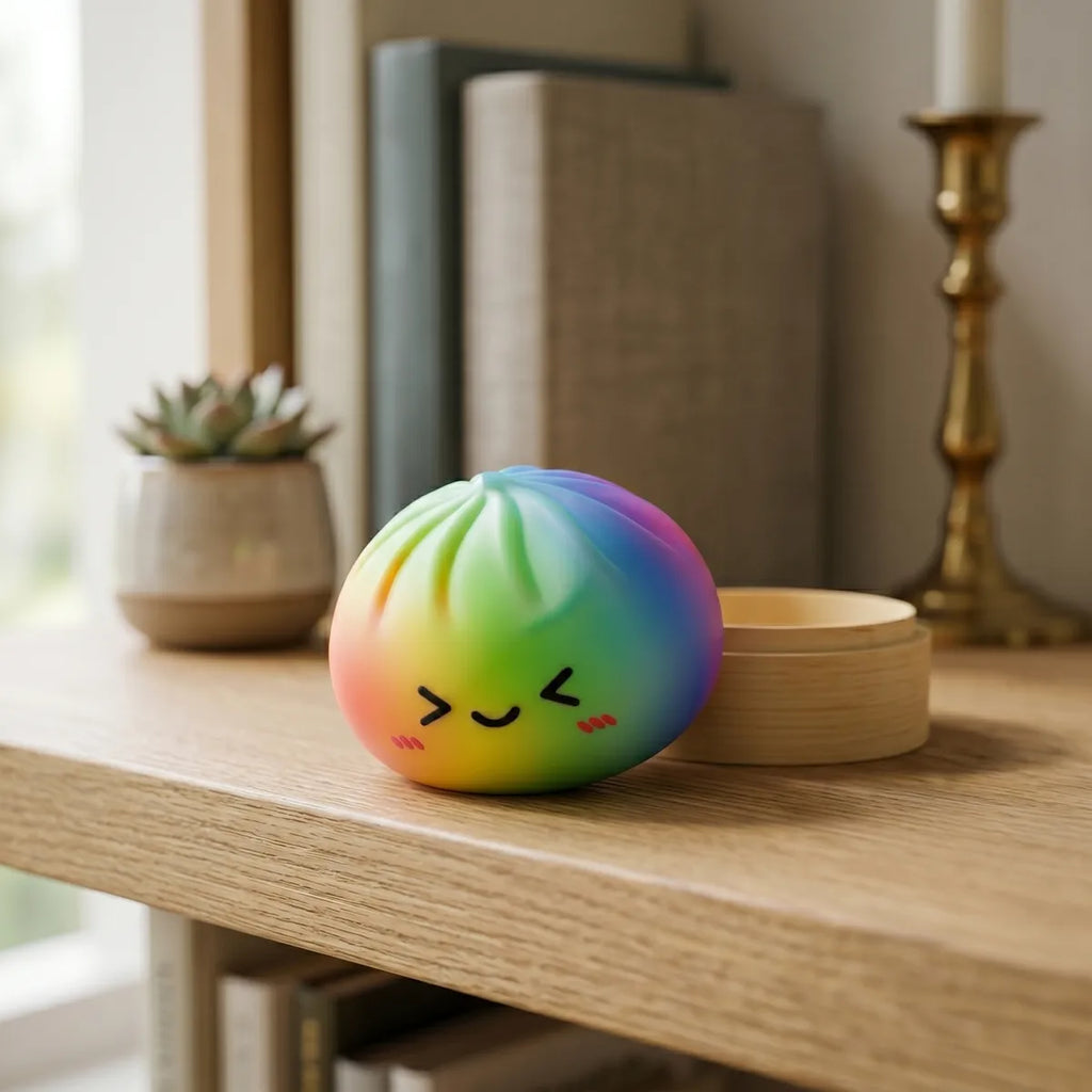 Rainbow color dumpling squishy displayed with bamboo steamer