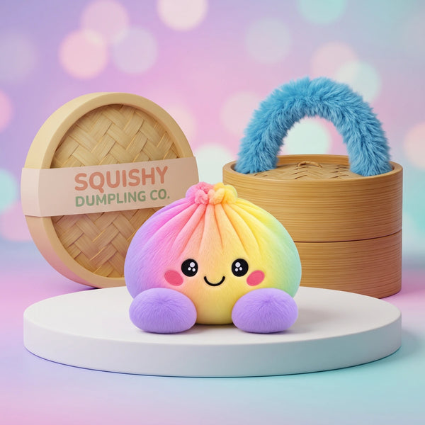 Pastel Rainbow Dumpling Squishy Plush on a white studio podium beside a steamer basket