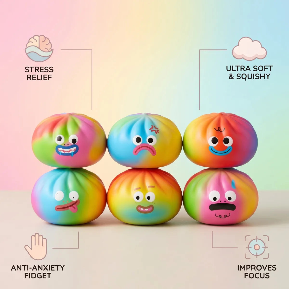 Rainbow mystery squishy dumplings size guide infographic with dimensions