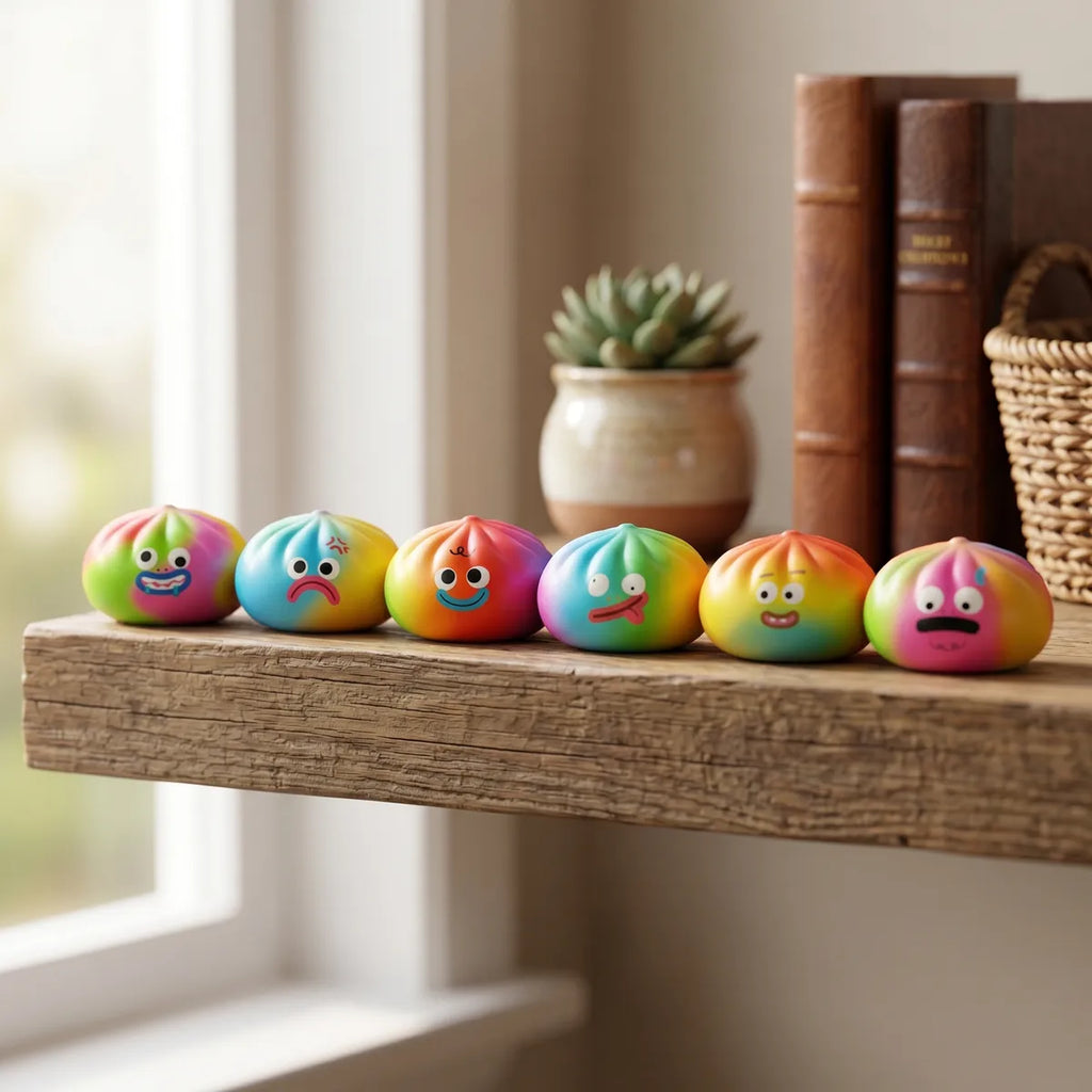 Rainbow mystery squishy dumpling displayed with bamboo steamer