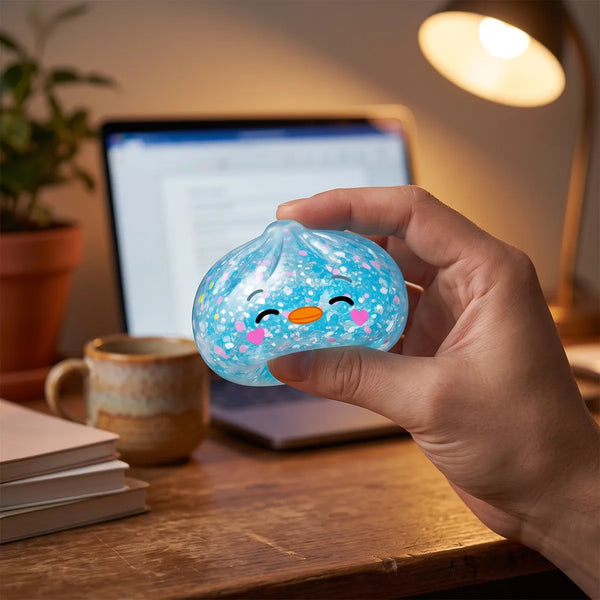 Person squeezing the rare blue penguin dumpling squishy as a desk fidget toy