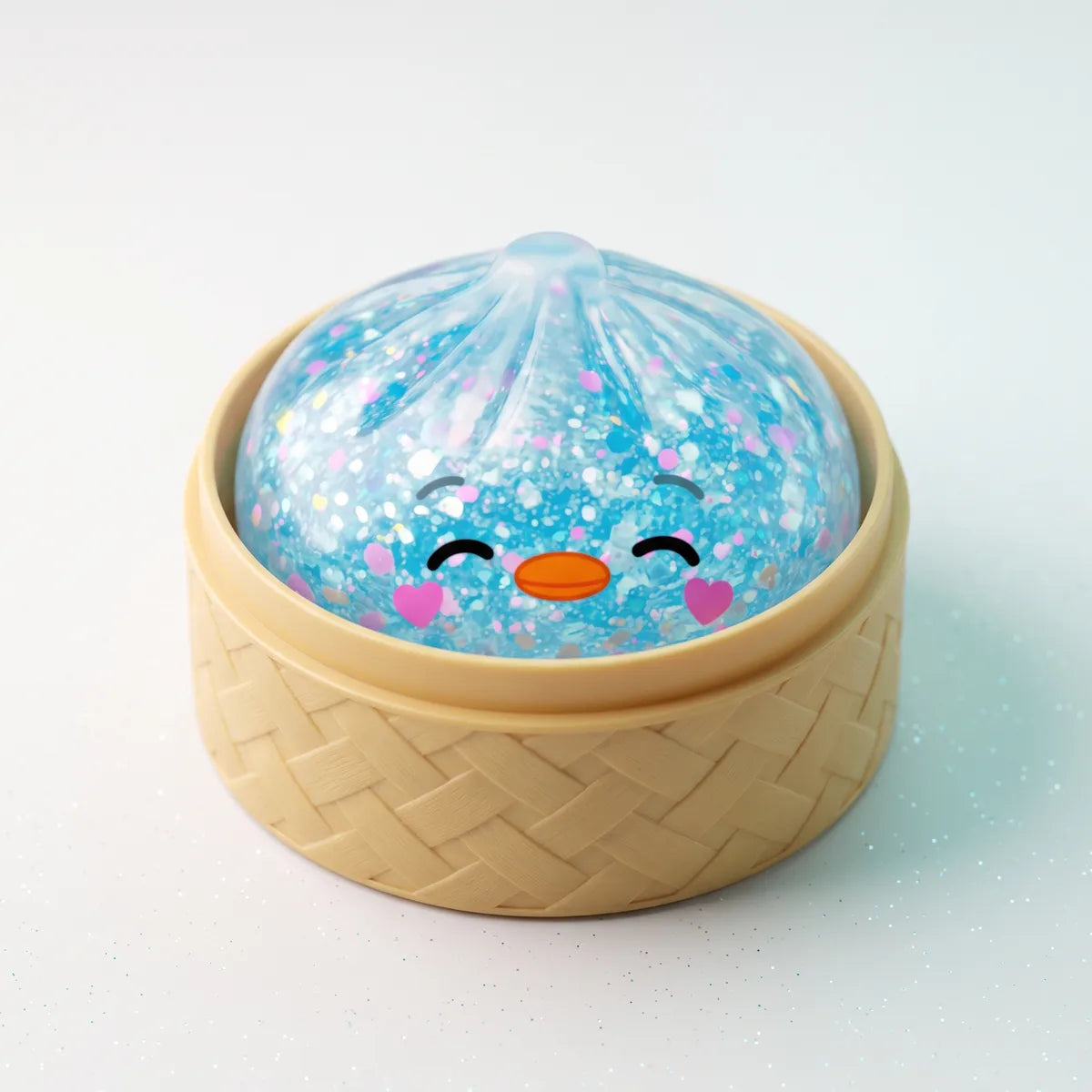 Rare blue penguin dumpling squishy nestled in its bamboo steamer box
