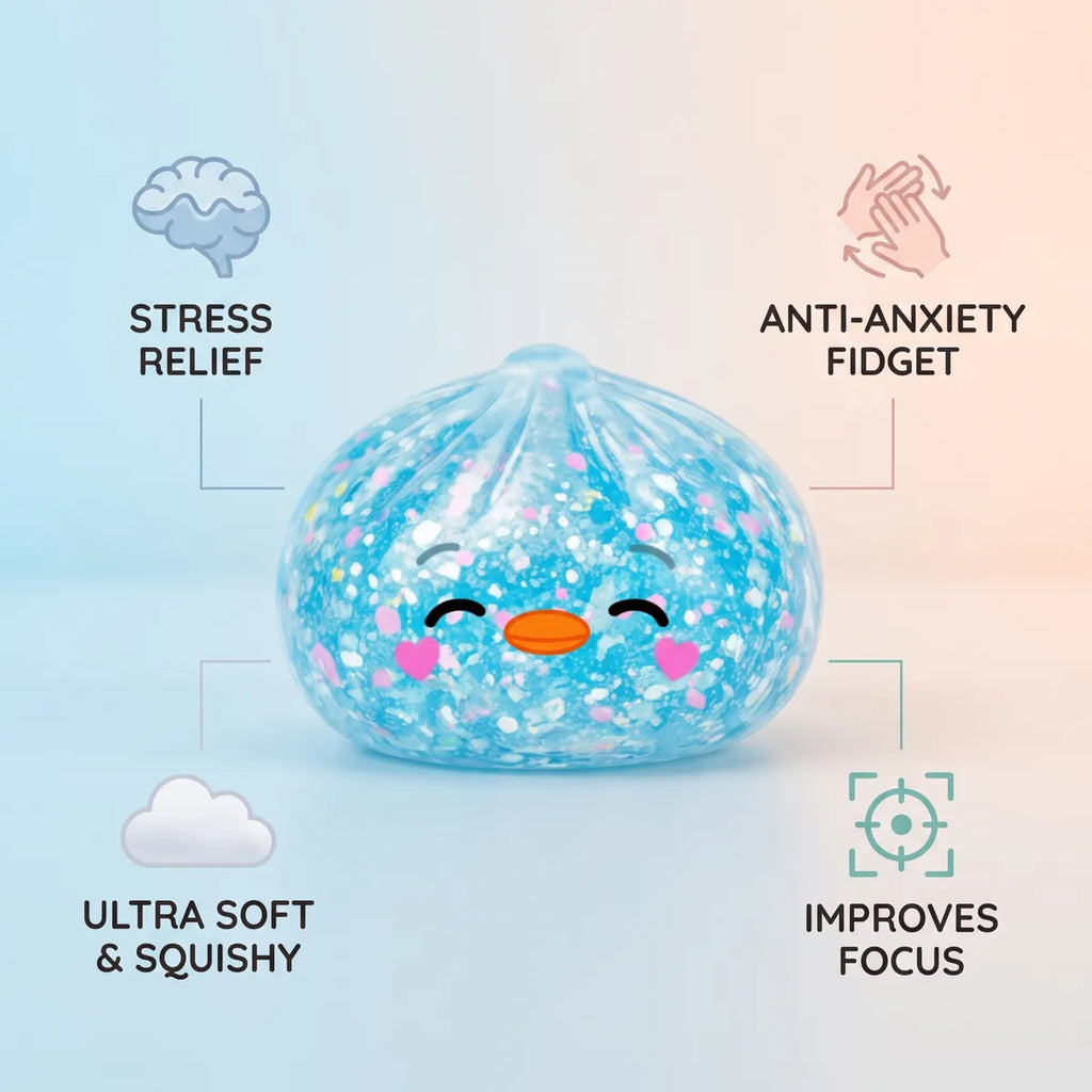 Infographic listing the stress relief benefits of the rare blue penguin dumpling squishy