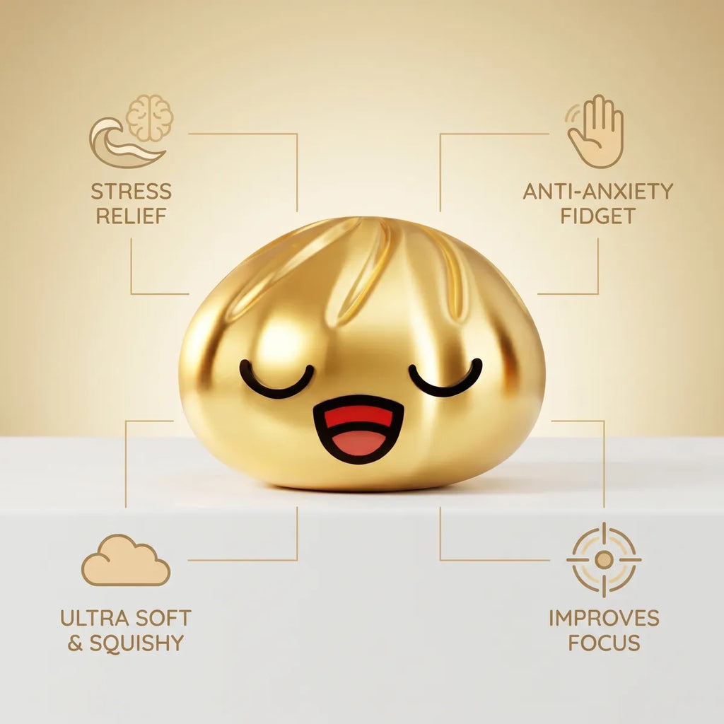 Rare gold dumpling squishy size guide infographic with dimensions