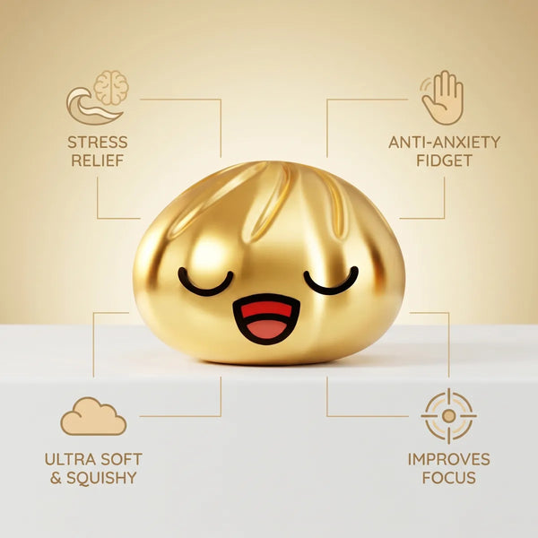 Rare gold dumpling squishy size guide infographic with dimensions