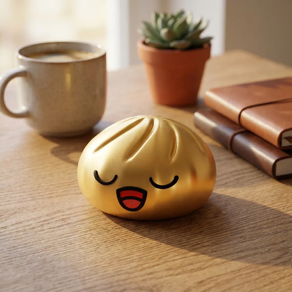 Rare gold dumpling squishy displayed with bamboo steamer