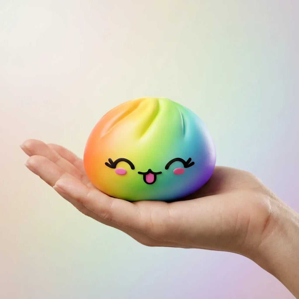 Hand holding a colorful rare rainbow dumpling squishy