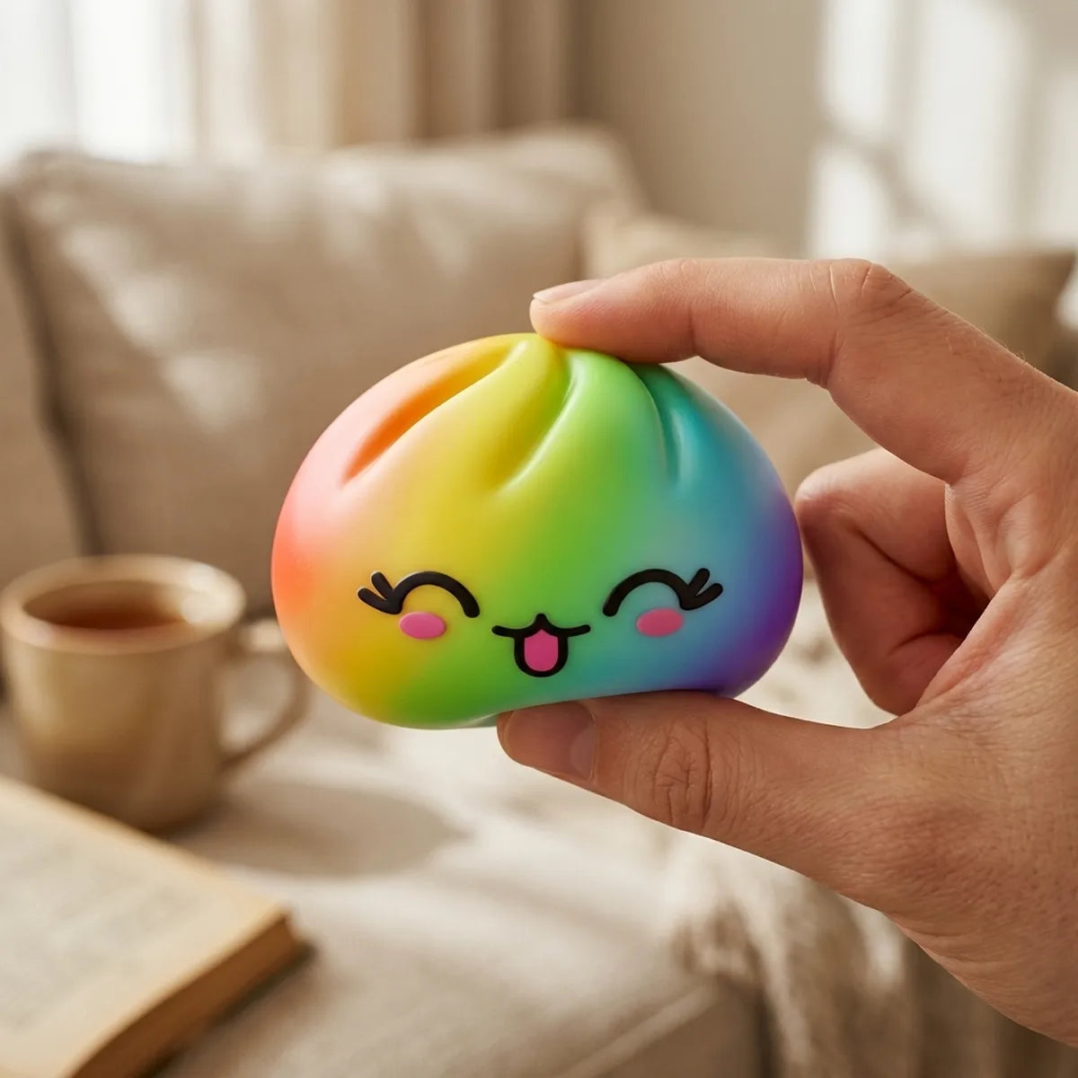 Person playing with a rare rainbow dumpling squishy for stress relief