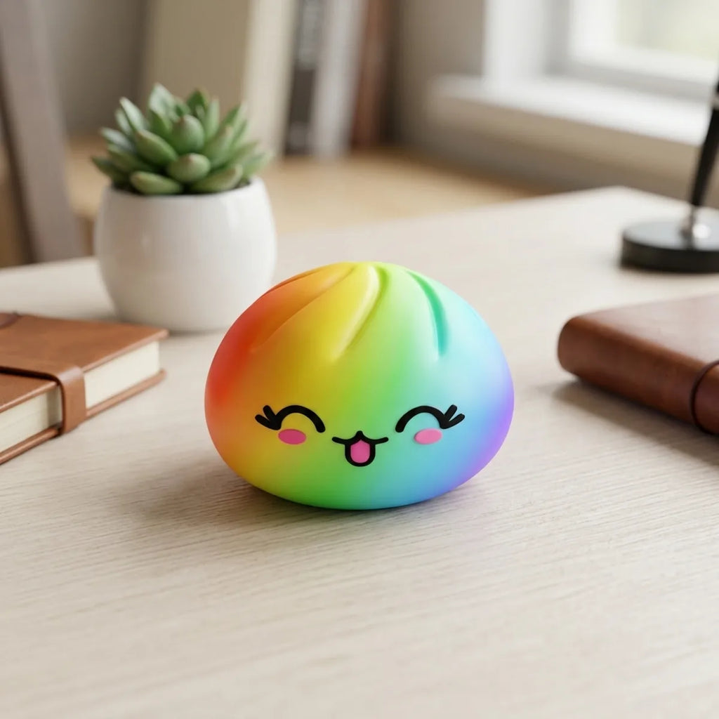 Rare rainbow dumpling squishy in a cozy lifestyle setting