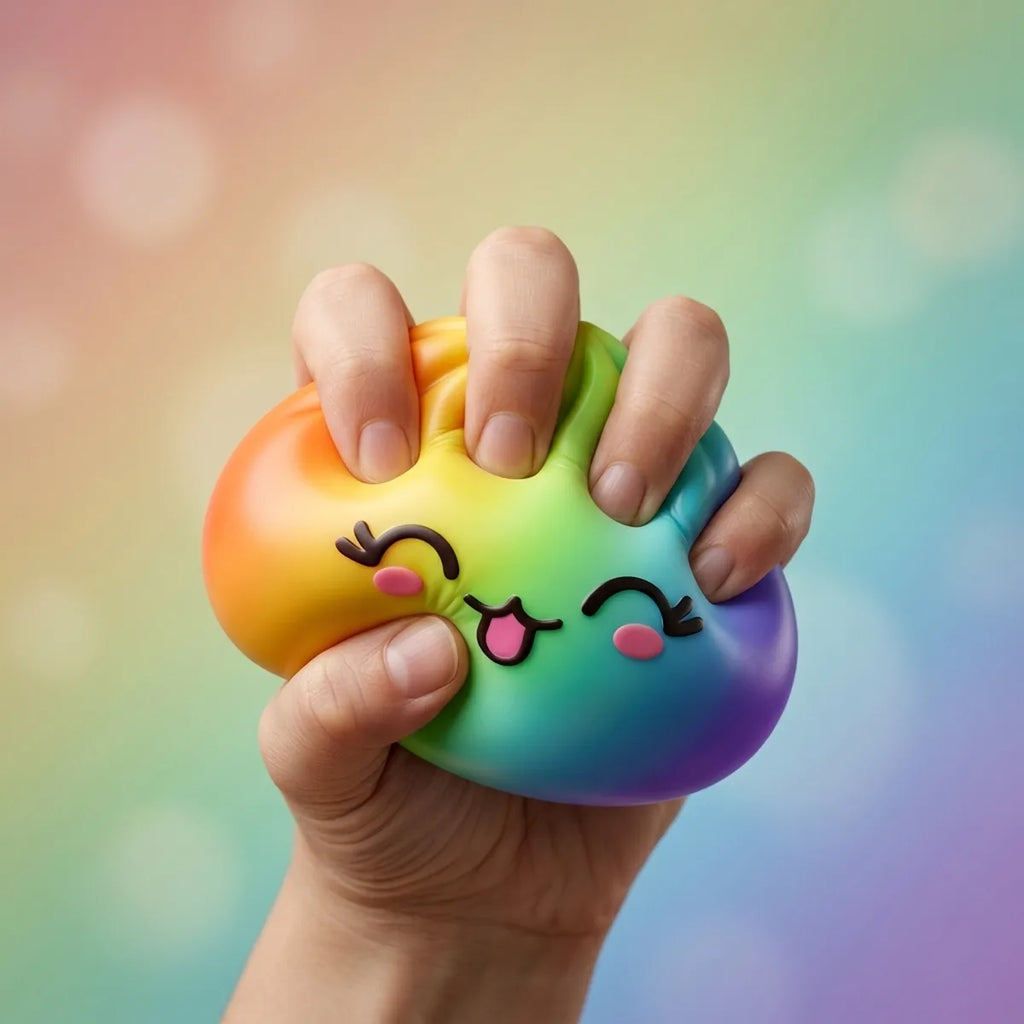 Hand squeezing the slow-rise rare rainbow dumpling squishy