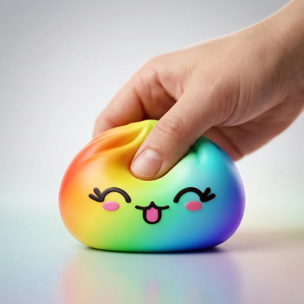 Close-up of fingers pressing the rare rainbow dumpling squishy