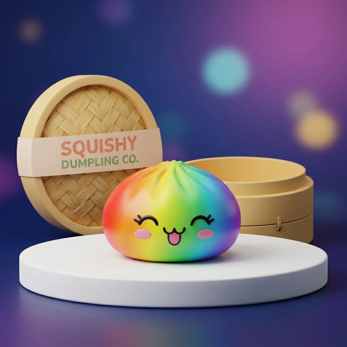 Studio photo of the rare rainbow dumpling squishy with bamboo steamer Main image