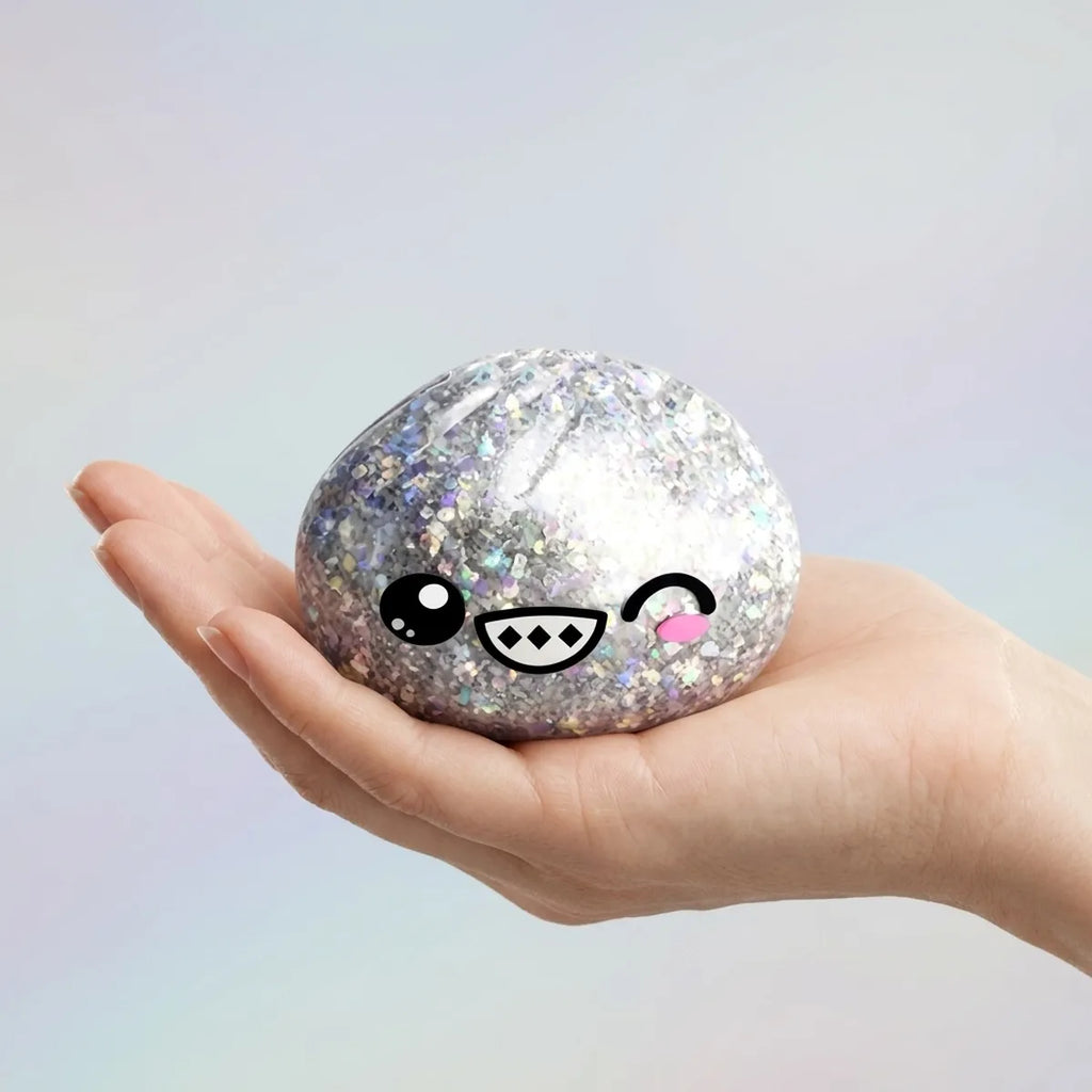 Hand holding a metallic rare silver dumpling squishy