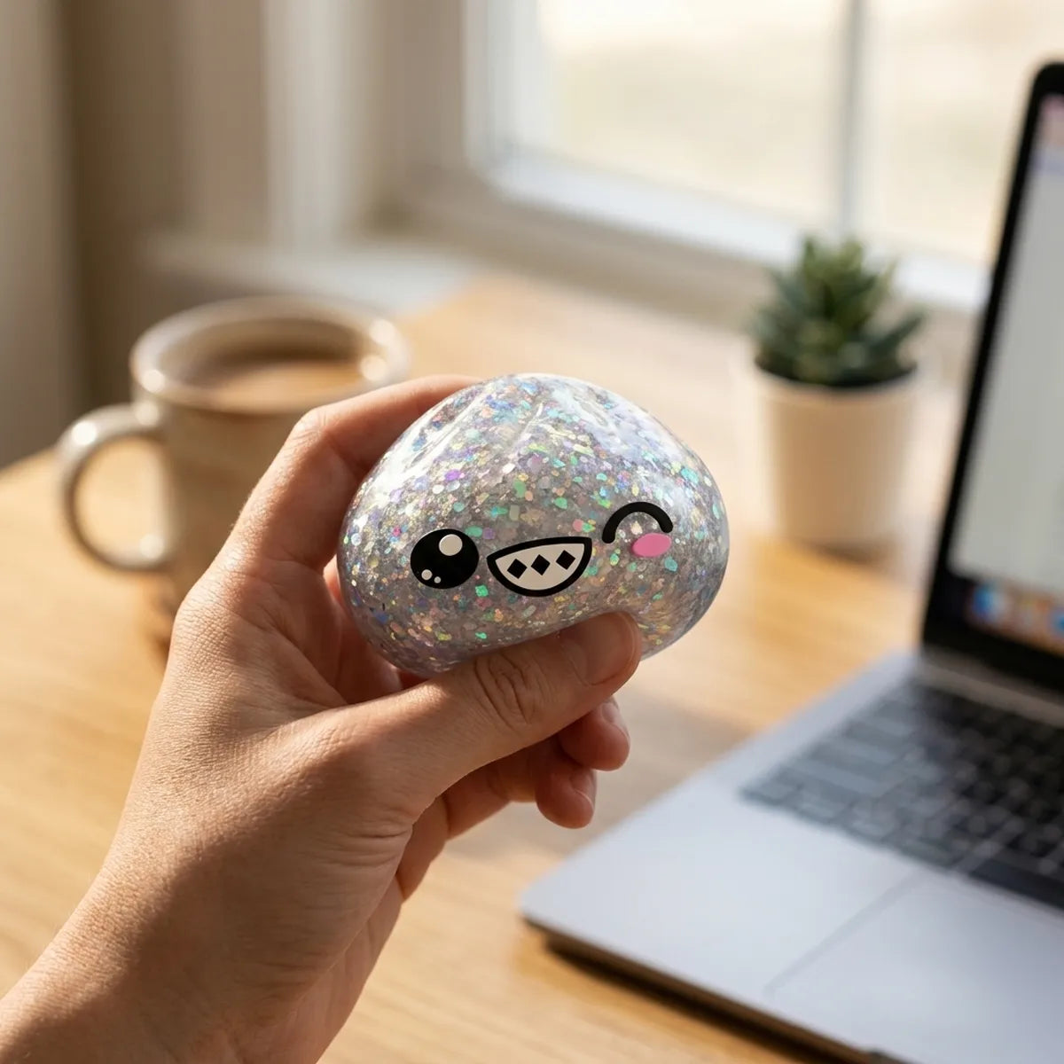 Person playing with a rare silver dumpling squishy for stress relief