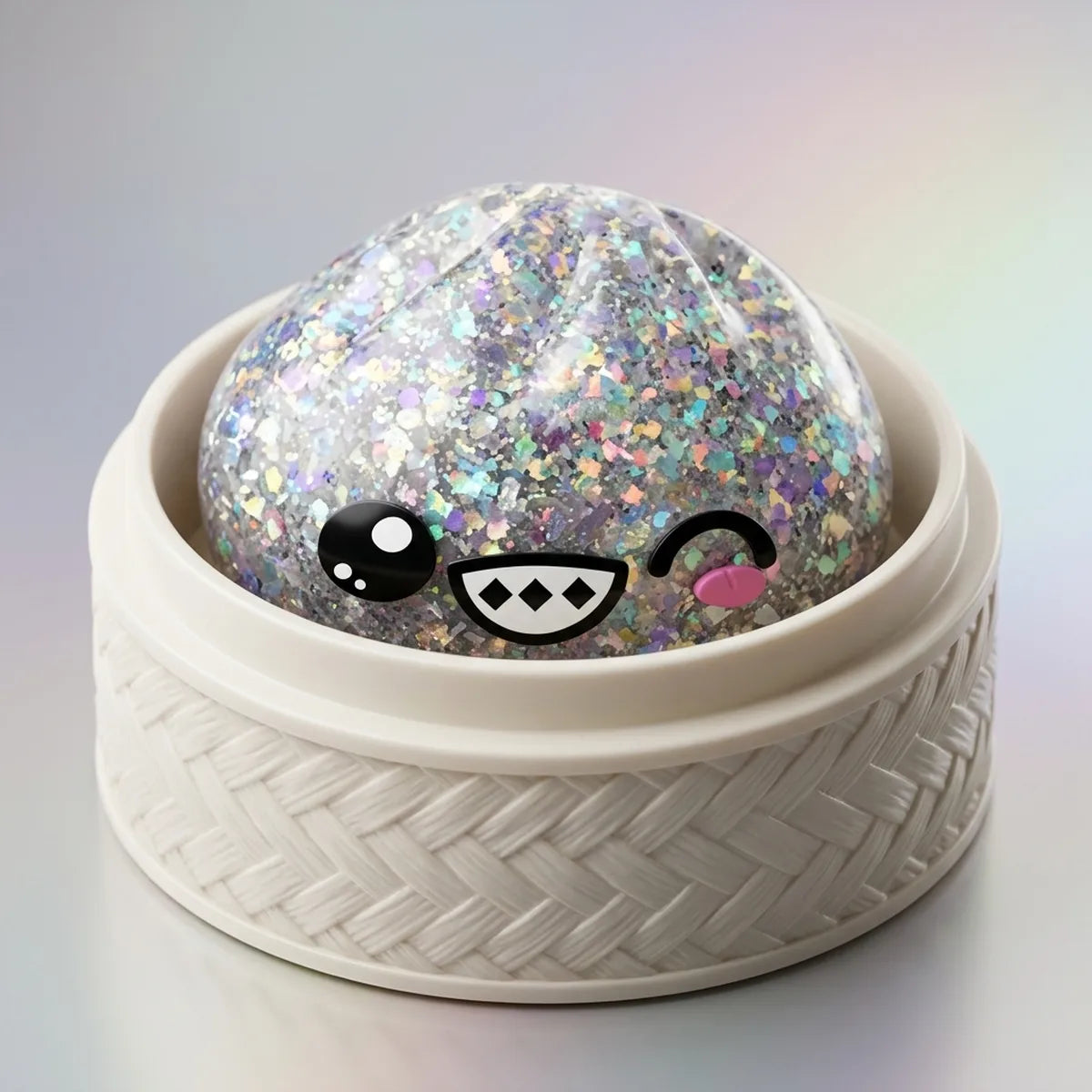 Rare silver dumpling squishy inside its bamboo steamer box