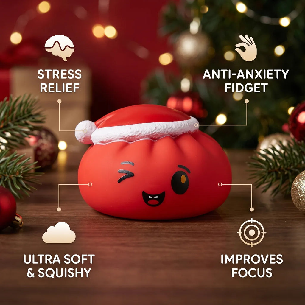 Cheeky Red Christmas Hat Dumpling Squishy infographic: stress relief, ultra soft and squishy, anti-anxiety fidget, improves focus