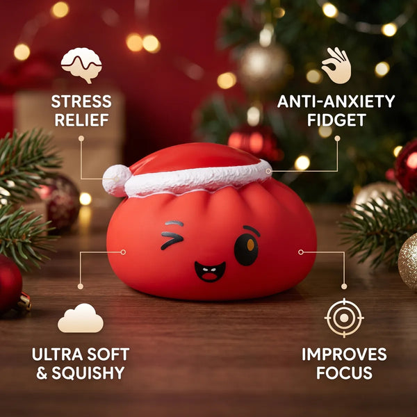 Cheeky Red Christmas Hat Dumpling Squishy infographic: stress relief, ultra soft and squishy, anti-anxiety fidget, improves focus
