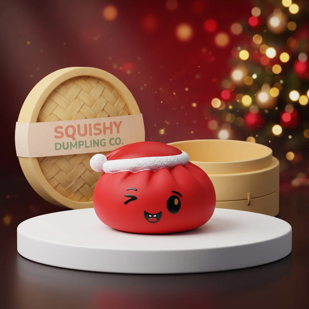 Cheeky Red Christmas Hat Dumpling Squishy on a white studio podium beside a steamer basket