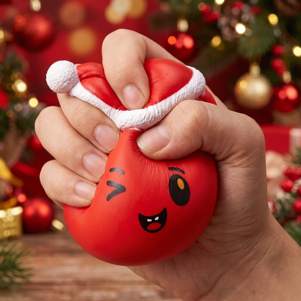 Hand squeezing the Cheeky Red Christmas Hat Dumpling Squishy
