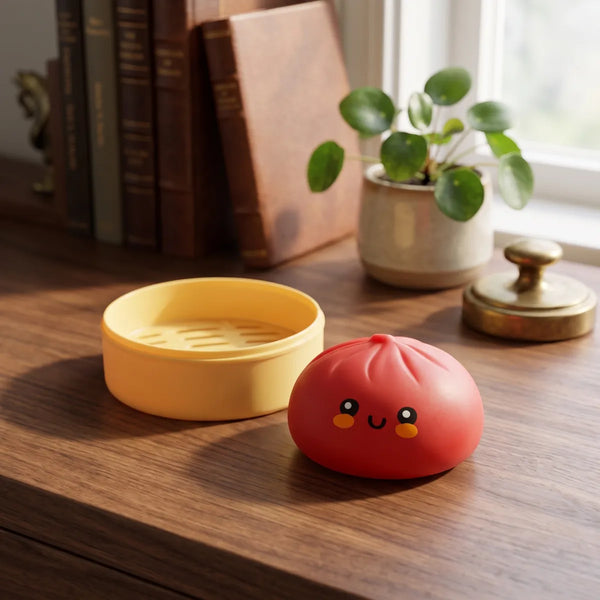 Red dumpling squishy bun styled in a cozy lifestyle setting