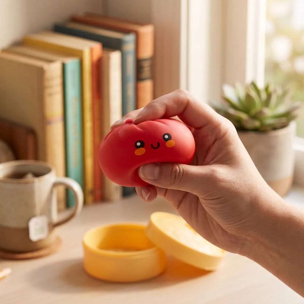 Person using a red dumpling squishy bun for stress relief