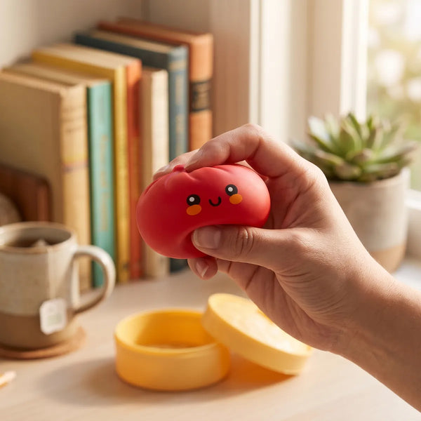 Person using a red dumpling squishy bun for stress relief