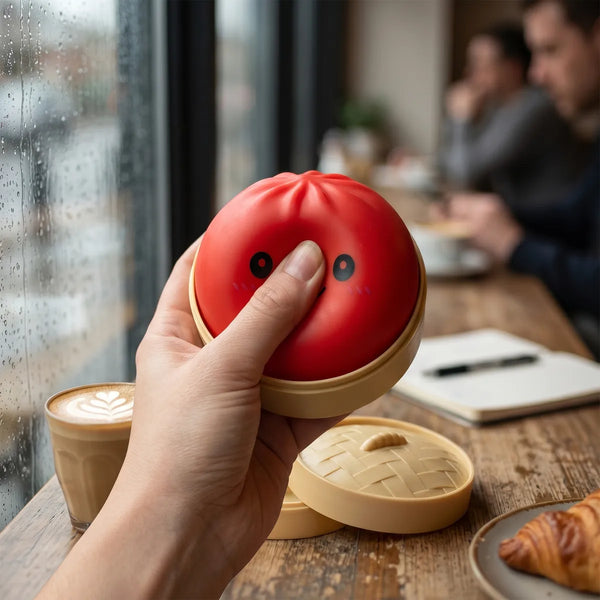 Red dumpling squishy styled as cute desk decor