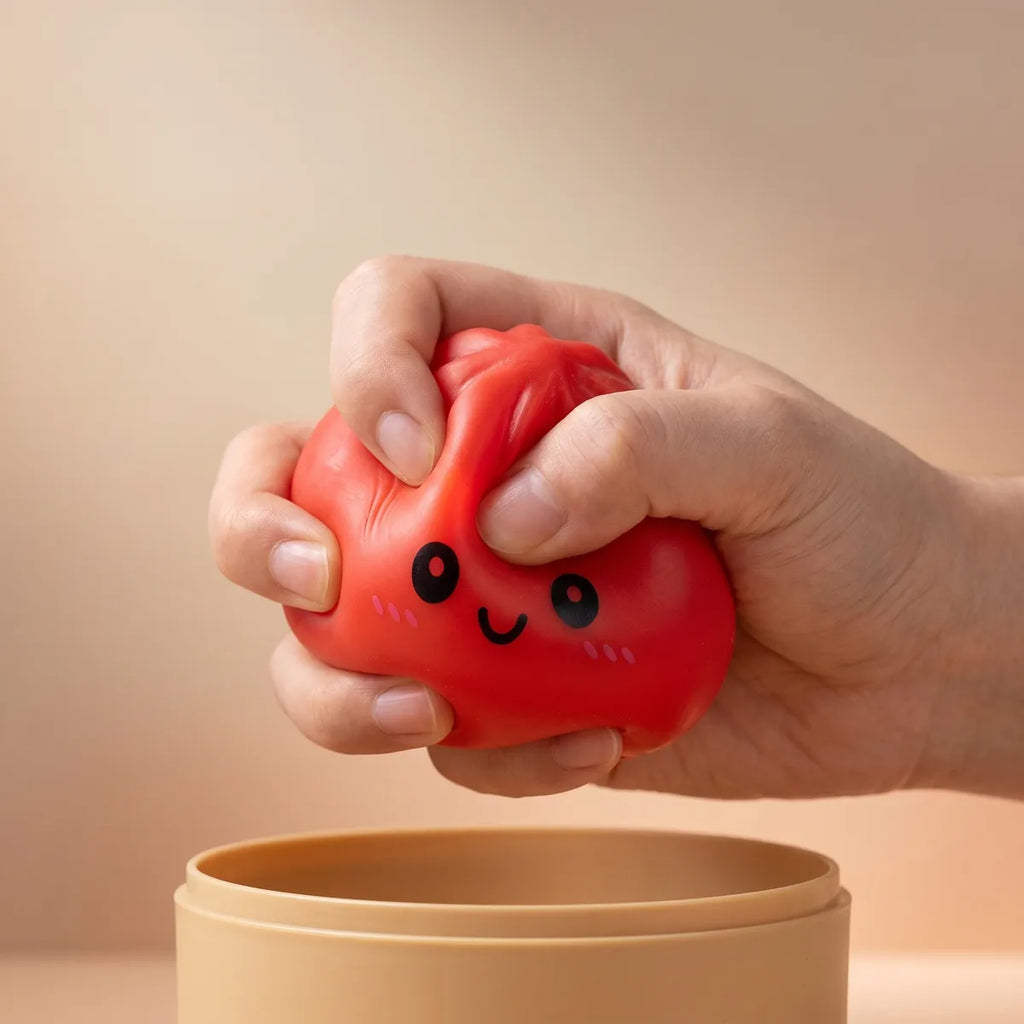 Hands playing with the red dumpling squishy stress toy