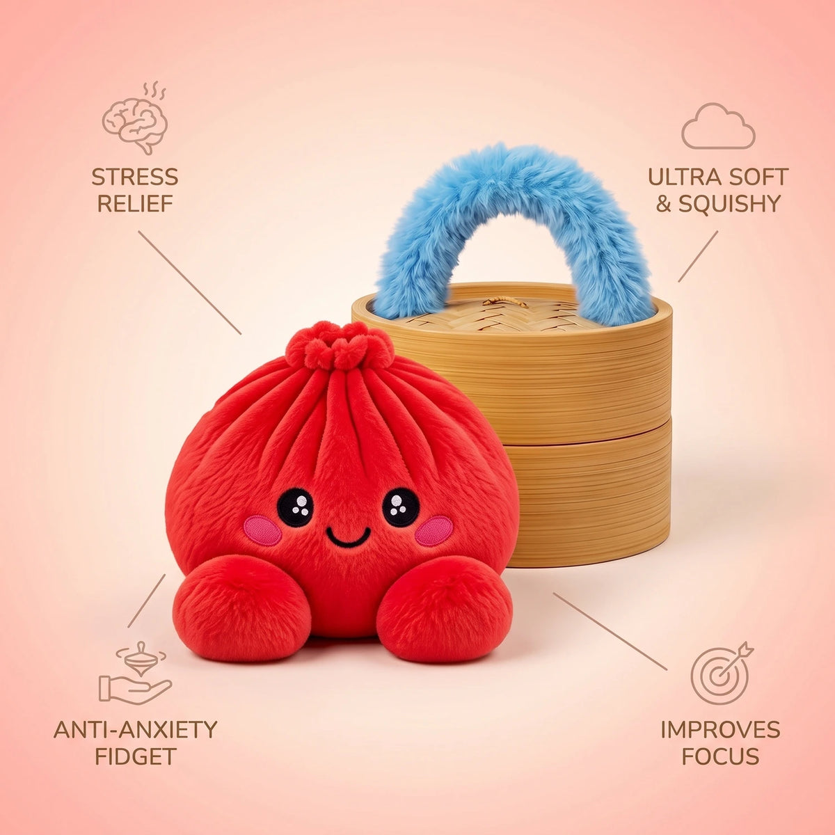 Ruby Red Dumpling Squishy Plush infographic: stress relief, ultra soft and squishy, anti-anxiety fidget, improves focus