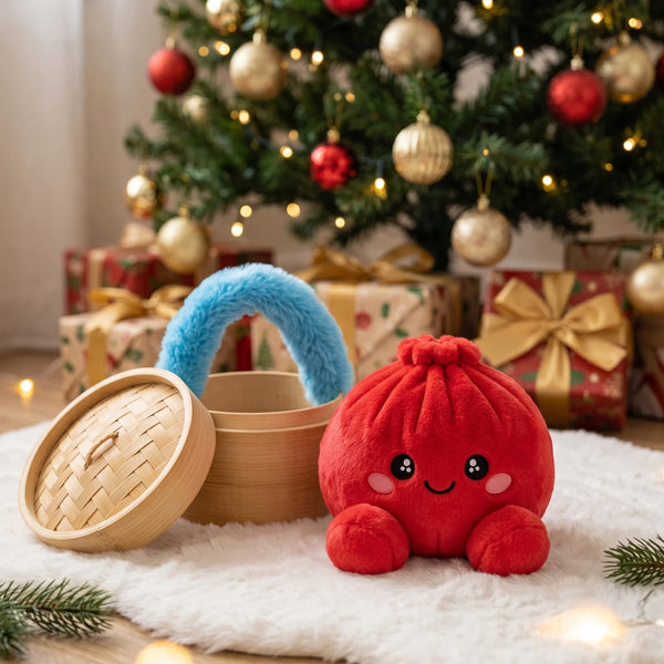 Ruby Red Dumpling Squishy Plush displayed under a Christmas tree beside its steamer