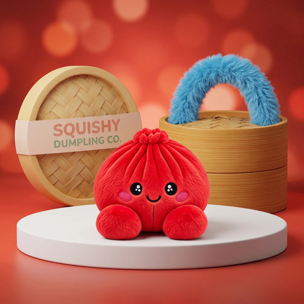 Ruby Red Dumpling Squishy Plush on a white studio podium beside a steamer basket