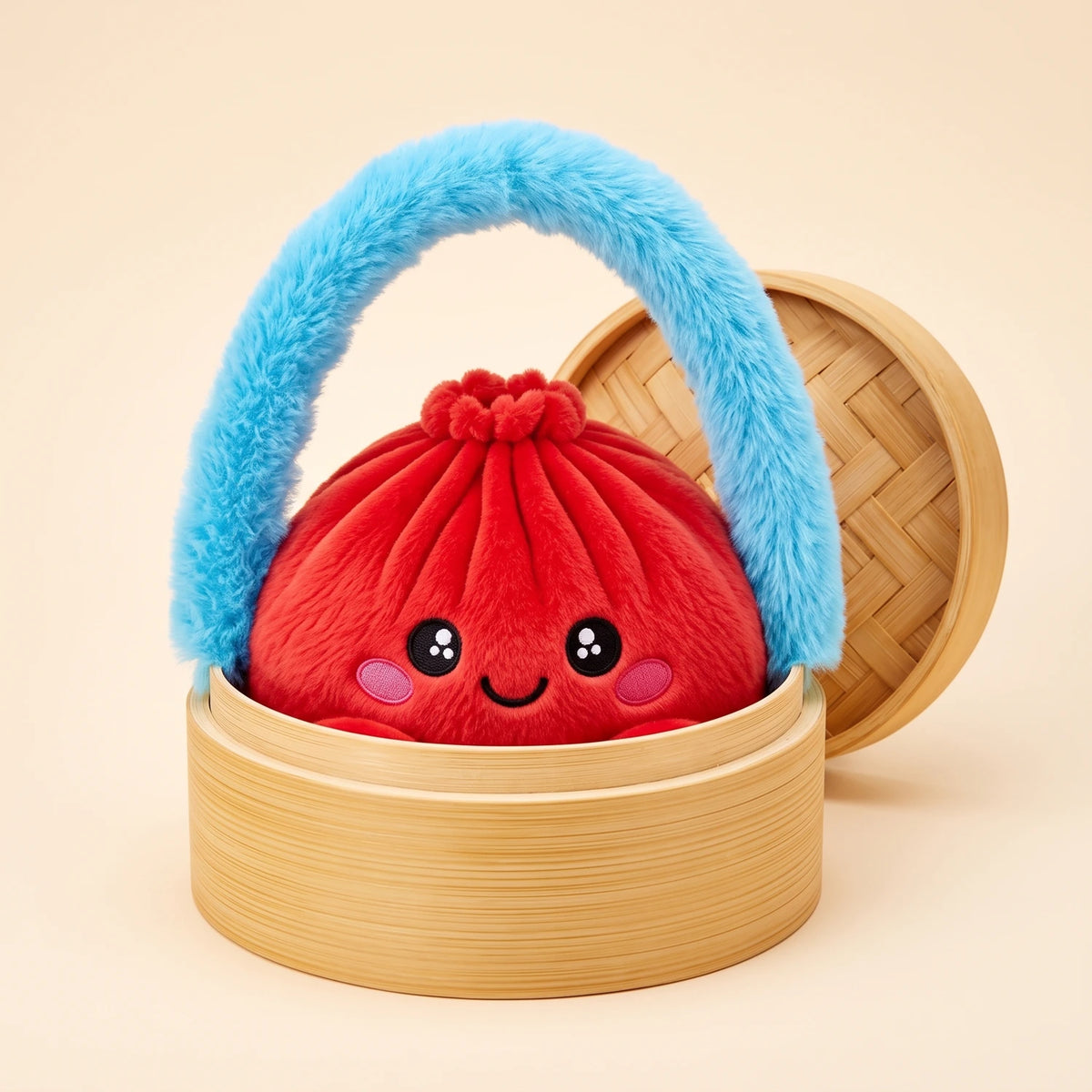 Ruby Red Dumpling Squishy Plush sitting in its bamboo steamer carry case with a fluffy blue handle